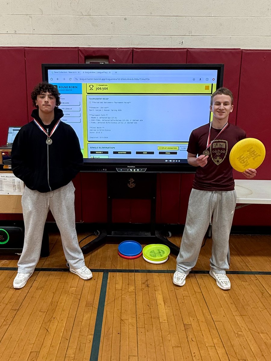 Period 6AC KanJam Champion Alert!!   The duo of Joe and Joe claimed the podium as champions. Congrats to Joe Costagliola and Joseph Schleicher. #winners
<a href="/ArlingtonHEPE/">Arlington Health&PE</a>
🥇