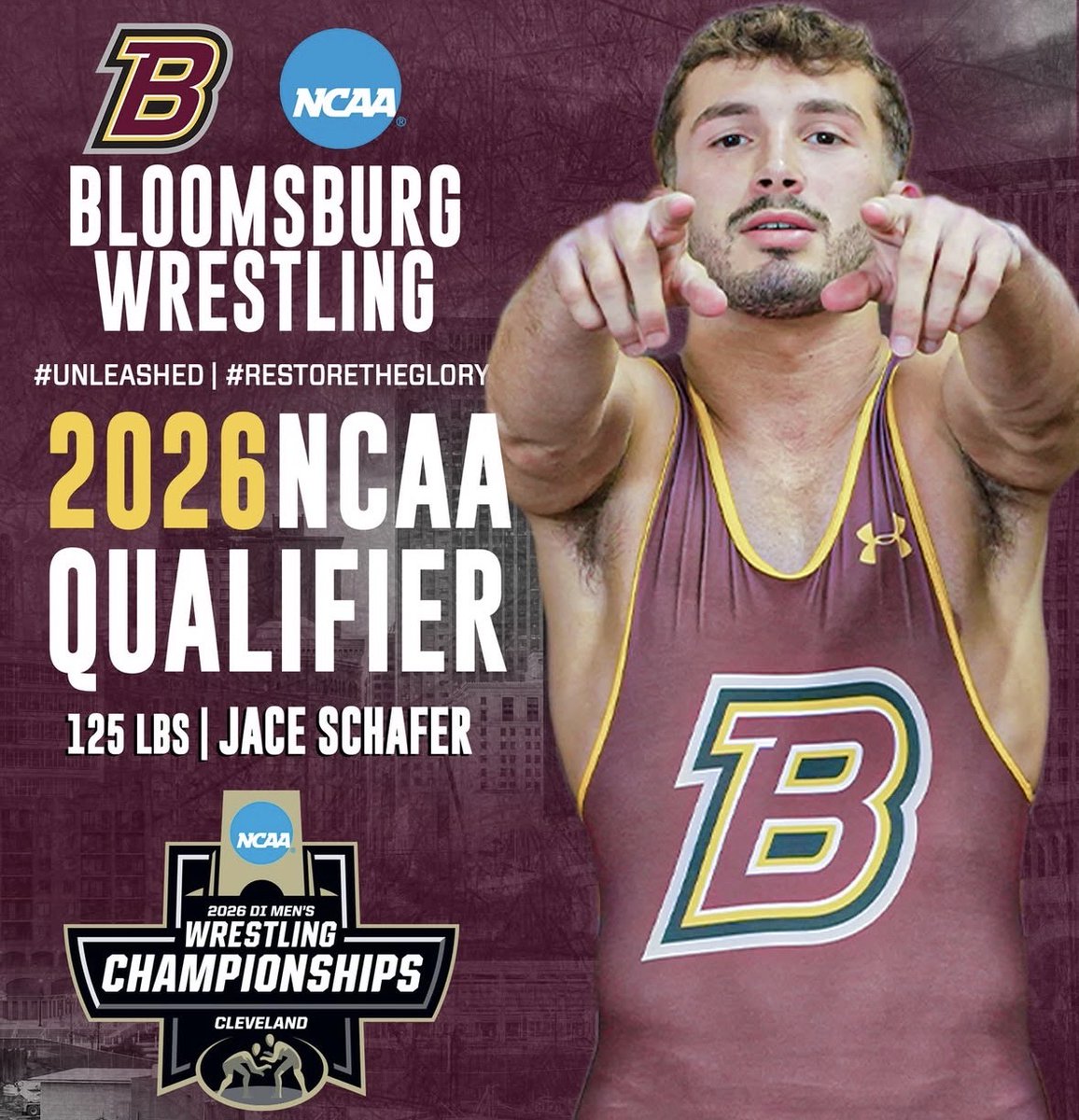TheCollegeWrR's tweet photo. 🚨Last Chance National Qualifier!🚨

125: Jace Schafer (@BloomWrestle)

Season Record: 20-8
Career Record: 47-38
Seed at NCAAs: (33)

-1-Year Starter: 2026 (125)

-Team(s): 2022-25 (West Virginia) – 2026 (Bloomsburg) https://t.co/4aYh4G72tr