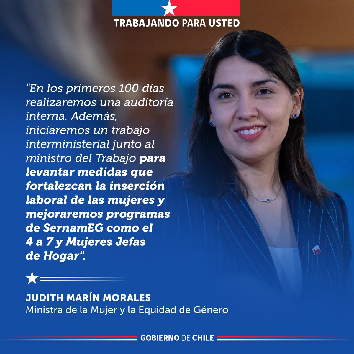 🇨🇱Porque estamos #TrabajandoParaUsted; auditoría, empleo y seguridad serán nuestras principales prioridades los primeros 100 días. Hoy la ministra Marín participó del evento #ConoceATuMinistra de <a href="/icare_chile/">ICARE</a> para abordar su trayectoria y principales desafíos <a href="/MinMujeryEG/">Ministerio de la Mujer y la Equidad de Género</a>.