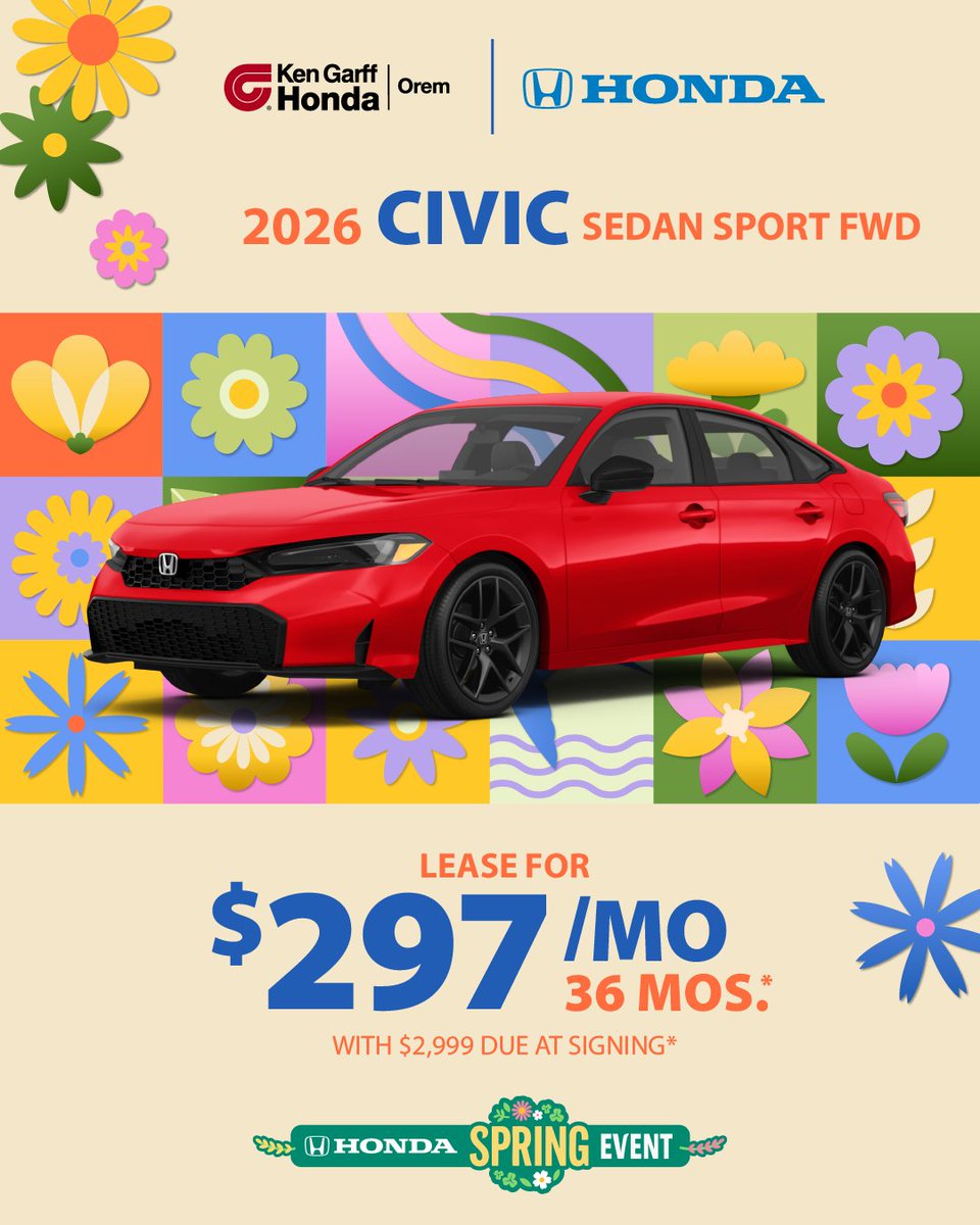hondaorem's tweet photo. Get ready to hit the road in style! 🚗✨ Lease the 2026 Civic Sedan Sport FWD for just $297/month with only $2,999 due at signing*!

Shop now: https://t.co/kdyHha4ZRX

*See dealer for details. Offer Expires 4/30/ 2026. https://t.co/o0jYNpJ9NS