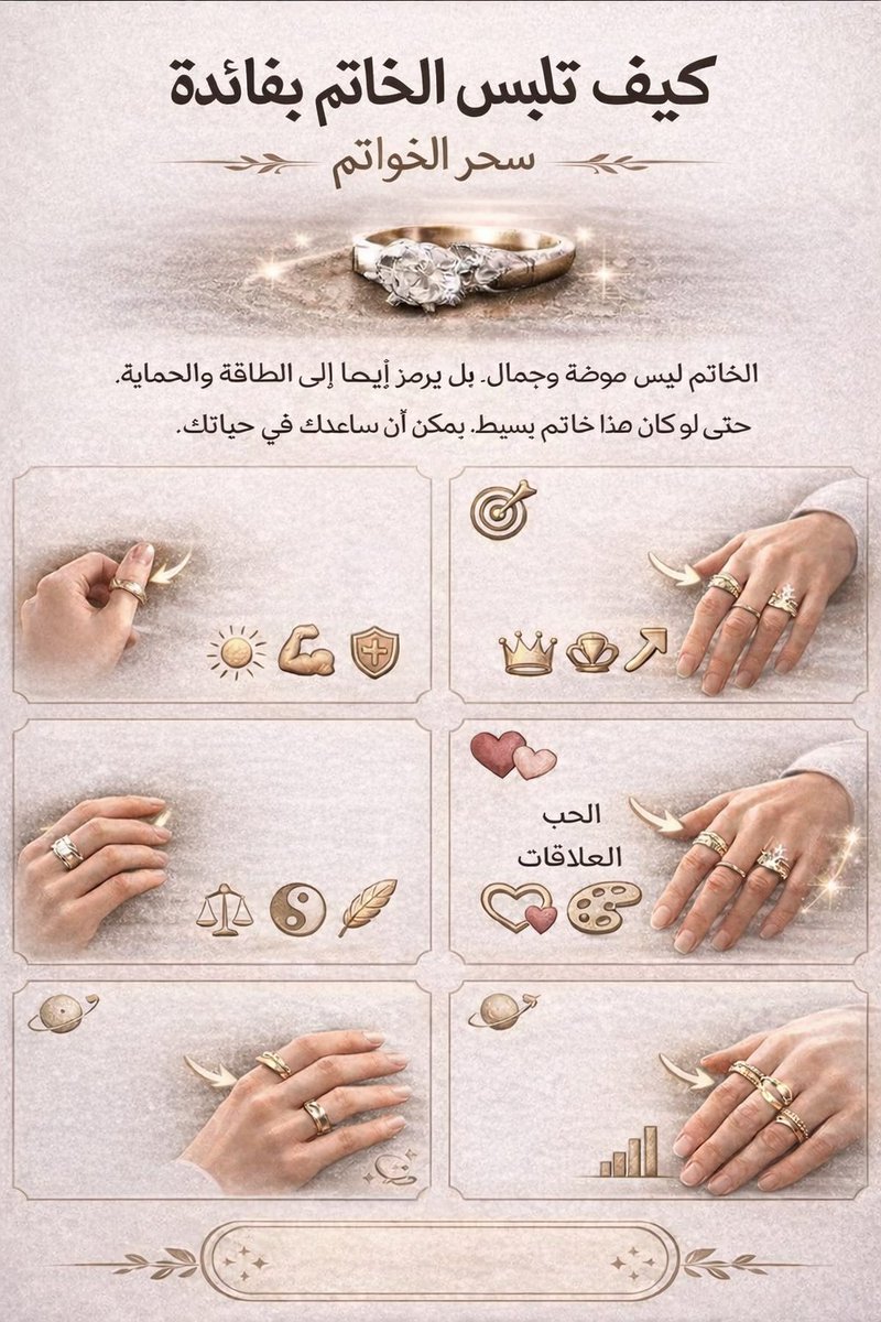 Charline369's tweet photo. الخاتم ليس مجرد زينة أو موضة، بل يرمز أيضًا إلى الطاقة والحماية. حتى الخاتم البسيط يمكن أن يؤثر على حالتك النفسية وطاقة حياتك.

كيف تلبس الخاتم بفائدة:

الإبهام💍

الثقة – القوة – الحماية

السبابة💍

السلطة – القيادة – الطموح

الوسطى💍

التوازن – الانسجام – المسؤولية

البنصر💍

الحب – العلاقات – الإبداع

الخنصر💍

التواصل – الحدس – النجاح