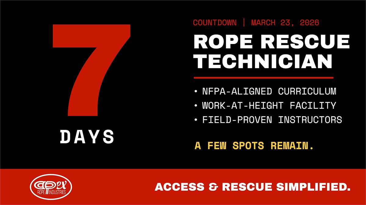 APEXropeInd's tweet image. 7 days. Rope Rescue Technician Level | March 23 | Calgary. NFPA-Aligned curriculum. Purpose-built facility. Field-proven instructors. A few spots remain. Don't wait. Register: bit.ly/4uhmKOo 

#RopeRescue #TechnicalRescue #Calgary #NFPA #IRATA