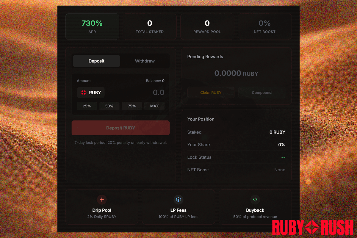 Ruby Rush staking is built different.

730% APR. Not from emissions. Not from inflation. From real protocol activity flowing back to holders.

Three yield sources working for you at the same time. The drip pool pays out 2% daily to every staker from a 30 billion RUBY reserve.