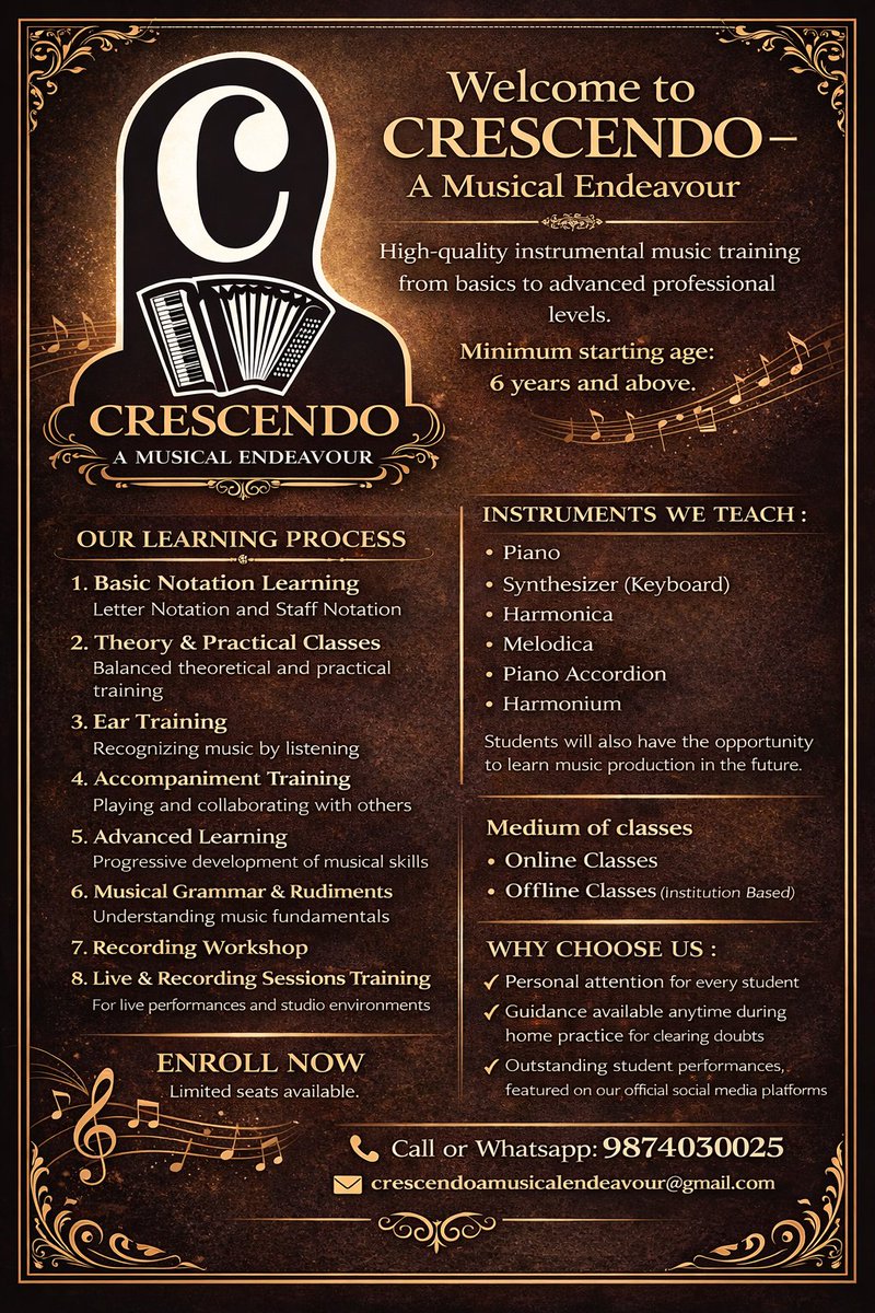 GangulyMusic's tweet image. Enroll soon 👍🏻 
#instrumentclass #musicclass #pianoclass #crescendoamusicalendeavour