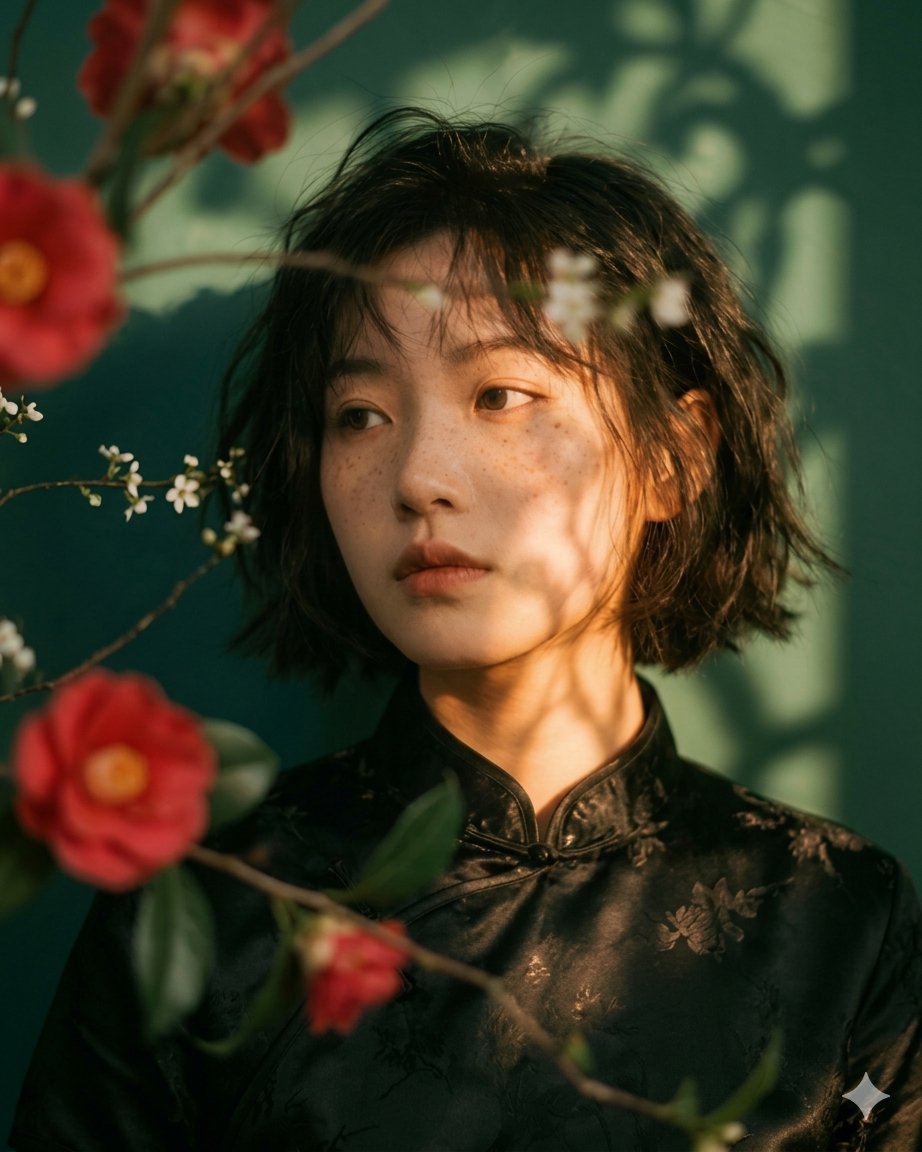Taaruk_'s tweet photo. Nano Banana pro on Gemini app 

Prompt:
Artistic portrait of an elegant Asian woman wearing a black silk cheongsam (qipao), standing among red camellia flowers and delicate branches, soft natural sunlight filtering through leaves creating beautiful shadow patterns across her face, short slightly messy bob haircut, natural freckles and minimal makeup, calm thoughtful expression, cinematic shallow depth of field, dreamy garden atmosphere, warm golden hour lighting, soft bokeh background, fine art photography style, ultra-realistic skin texture, high detail, 85mm lens, 8K.