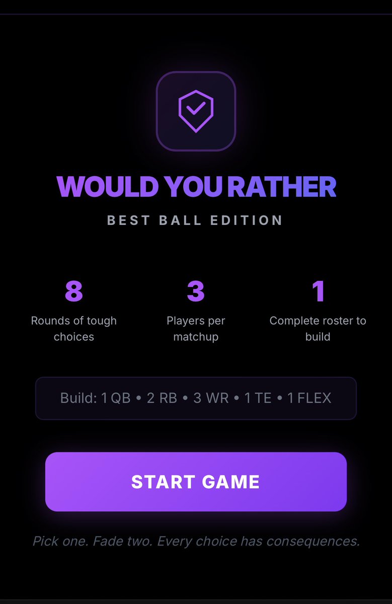 Bestballmaniac_'s tweet photo. Introducing “Would You Rather” 🏈

3 players. 1 pick. 8 rounds.

Strategically draft your roster by choosing between three players each round. The two you fade? They build your opponent’s team.

Can your squad beat the roster built from your fades?

Free to play now ⬇️ https://t.co/Fa8IoemjKI