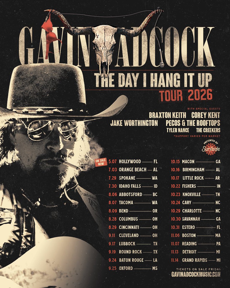 One day I’ll hang it up… but it ain’t today. See y’all this year on The Day I Hang It Up Tour. Presale begins this Wednesday, March 18. Sign up now at gavinadcockmusic.com 🔥 Tickets on sale everywhere Friday

Let me know which city is gonna get the most rowdy in the comments