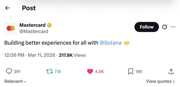 serversibby's tweet photo. Mastercard’s Crypto Partner Program is a massive win for @Solana. 🤝

Web3 payments are no longer just an "alternative".

Global commerce IS being built on-chain. ⛓️

Combining Solana’s speed with Mastercard’s reach (95% of the world) moves us from speculation to real utility. 🚀

The future isn't coming - it's already being coded. 💳⚡️

#Solana #Mastercard #Web3 #Fintech