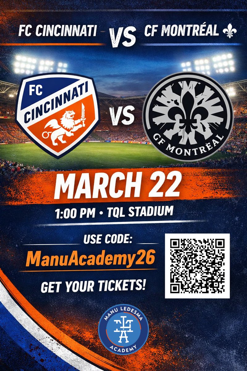 ⚽ Join the Manu Ledesma Academy community at TQL Stadium.

📅 March 22
⚽ FC Cincinnati vs CF Montréal
🎟 Use code ManuAcademy26

Get tickets:
seatgeek.com/fc-cincinnati-…⁠

#FCCincinnati #ManuLedesmaAcademy