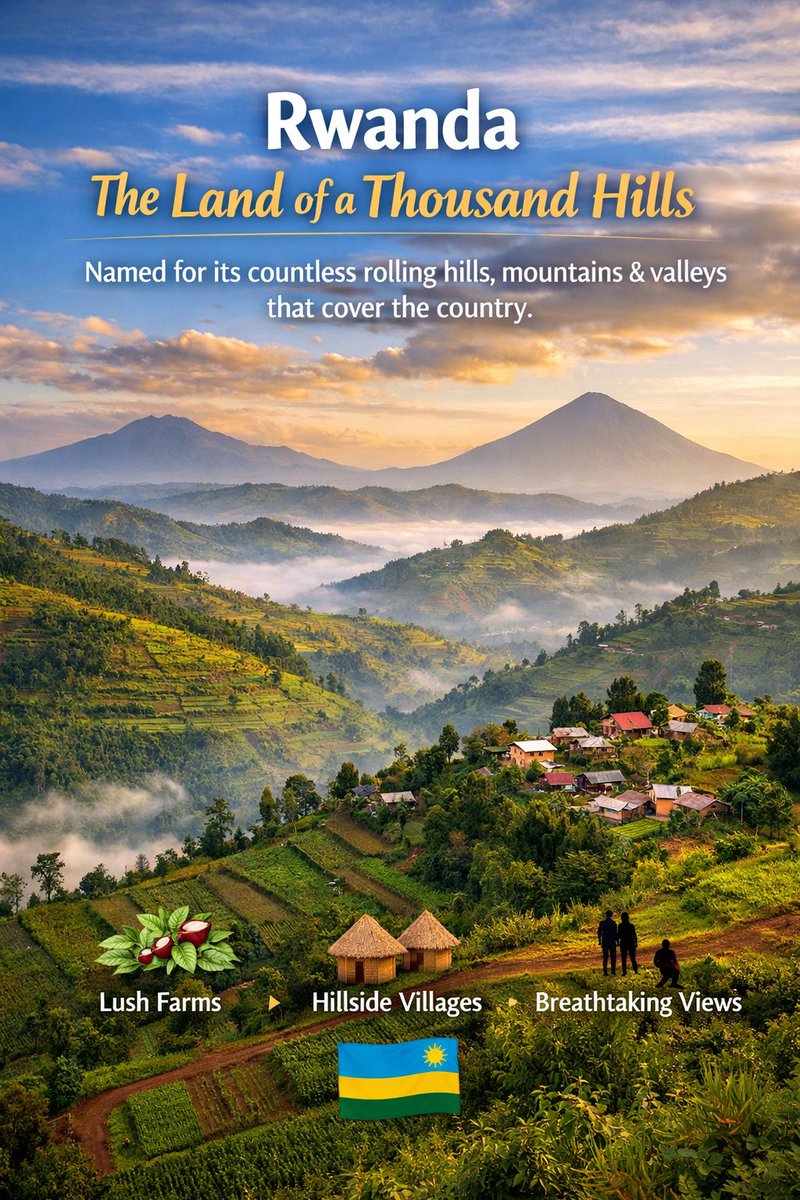 🇷🇼 Rwanda is called the Land of a Thousand Hills because of its rolling hills, mountains, and valleys that cover the country, shaping its beauty and culture. 🌄
#Rwanda #LandOfThousandHills #Nature #Africa #TravelRwanda