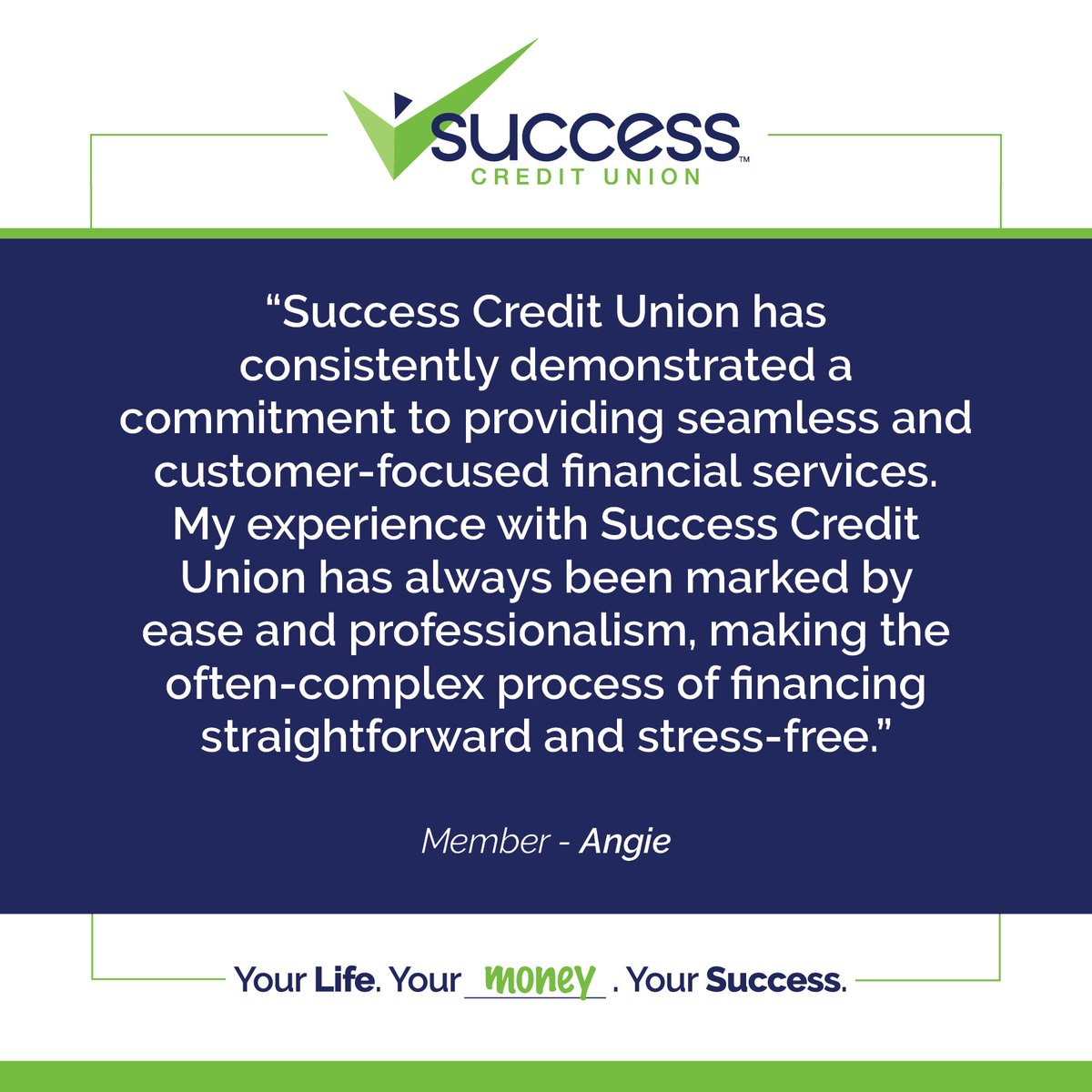 SuccessCU's tweet photo. Our members are at the heart of everything we do. 💚 Your Life. Your Money. Your Success.
#SuccessCreditUnion #MemberTestimonial #CommunityBanking #FinancialGoals https://t.co/CePuCs67YO