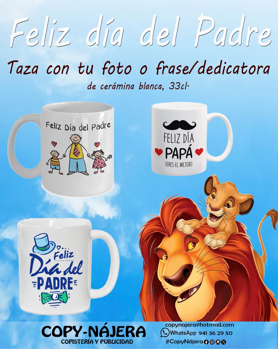 CopyNajera's tweet image. Por aquí te dejamos una idea para regalar el día del padre!!
Taza de cerámica personalizada con tu foto o lo que quieras
Es chulísima!!

🖨️ #CopyNájera #Copistería #Fotocopias
#RegalosPersonalizados #RegalosOriginales #DíaDelPadre

#Nájera