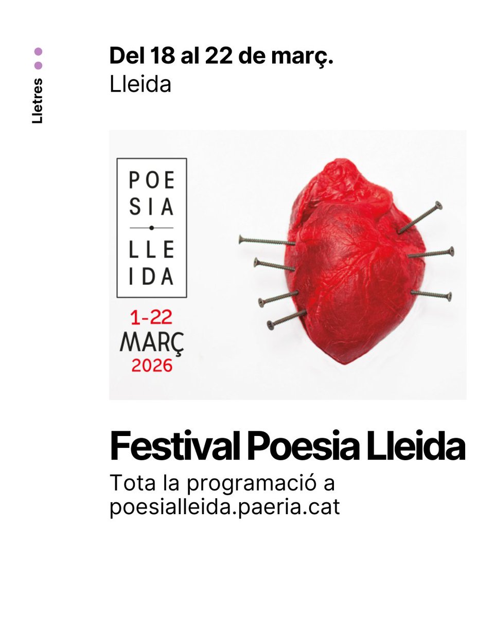 cultura_lleida's tweet photo. 🗓️ AGENDA SETMANAL DEL 16 AL 22 DE MARÇ 

👉🏼Setmana de festivals de lletres i poesia, música, el Dia Mundial de l'Aigua, i #CapButacaBuida a les arts escèniques!
https://t.co/zKkdarwZ0M

#cultura #culturalleida #agendacultura https://t.co/nvMVxL6GjL