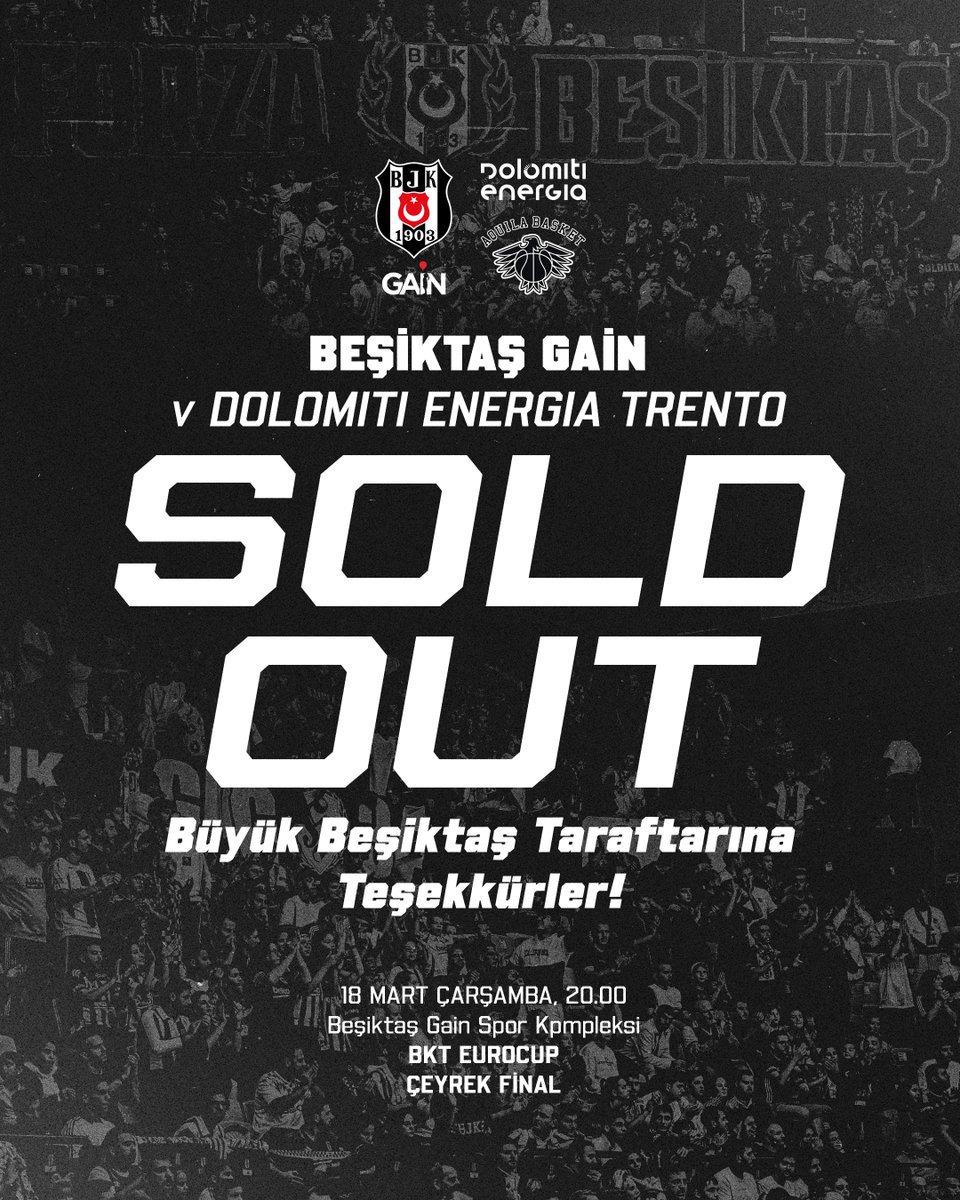BJK_Basketbol's tweet photo. 𝗦𝗢𝗟𝗗 𝗢𝗨𝗧 🦅

Dolomiti Energia Trento maçı biletlerinin tamamı tükenmiştir!

Büyük Beşiktaş taraftarına göstermiş olduğu yoğun ilgi için teşekkürler. 🖤🤍 https://t.co/HlZ2c8MYGh