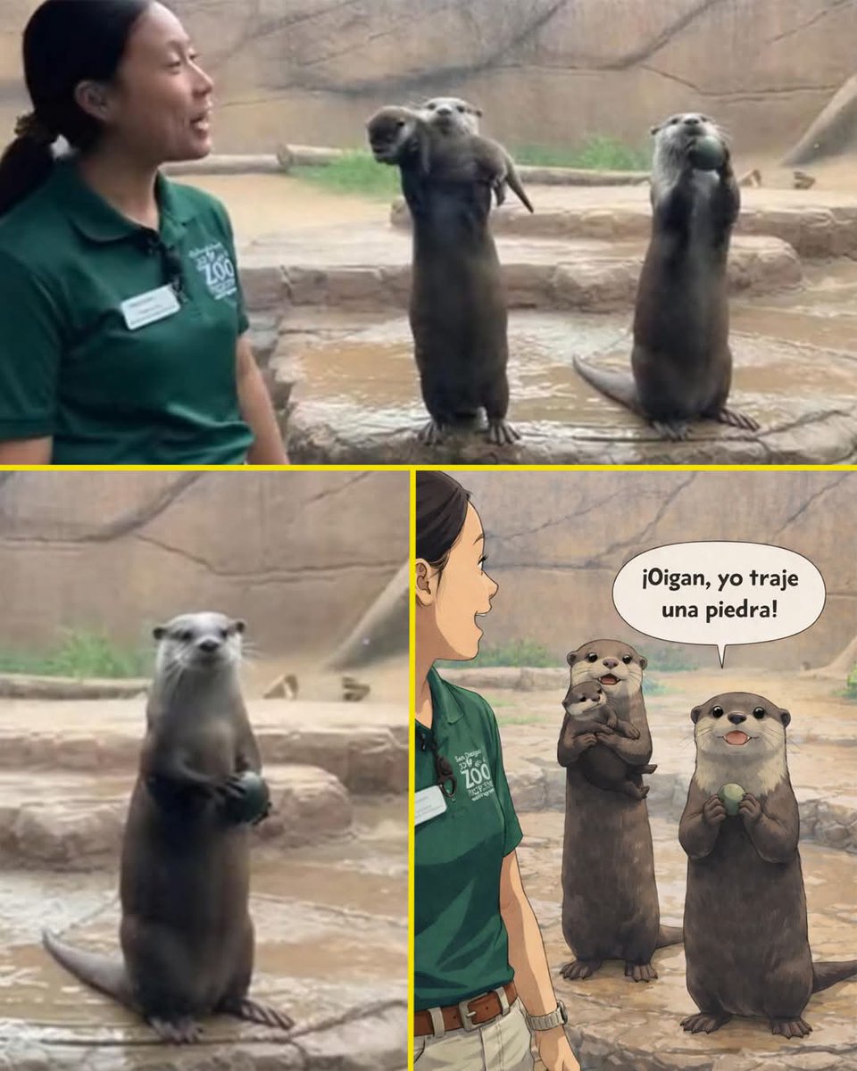 Animalesaprieto's tweet photo. Una nutria llevó a su bebé para mostrarlo a los visitantes del zoológico, y el papá nutria apareció con una piedra como si fuera lo más importante del mundo.

Durante una charla en el zoológico de San Diego, el personal acercó a las nutrias para que las familias pudieran verlas mejor. La madre nutria avanzó y presentó a su bebé con orgullo. Los niños empezaron a señalar emocionados.

Entonces el papá nutria decidió que él también merecía atención.

No trajo un bebé. Trajo una piedrita pequeña, sosteniéndola como si fuera un tesoro invaluable, y se sentó mirando alrededor esperando aplausos. El cuidador se rio y explicó a la gente que básicamente estaba diciendo: "Oye, yo también traje algo", porque algunas nutrias se encariñan con objetos favoritos y los cargan como si fueran valiosos.

El bebé causó ternura, pero la piedra causó risas.