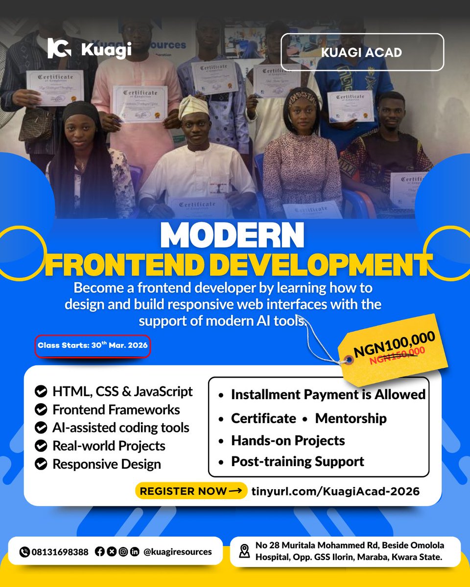 kuagiresources's tweet photo. Some people keep saying “I’ll start learning soon.”
Others will start March 30.
A new cohort begins at Kuagi Resources.

Learn:
Frontend
Data Analysis
Product Design
Content Creation
Leadership
Digital Marketing

Start here → https://t.co/wovfjYMwPl
#KuagiResources #IlorinTech https://t.co/yEa0PSB7uh