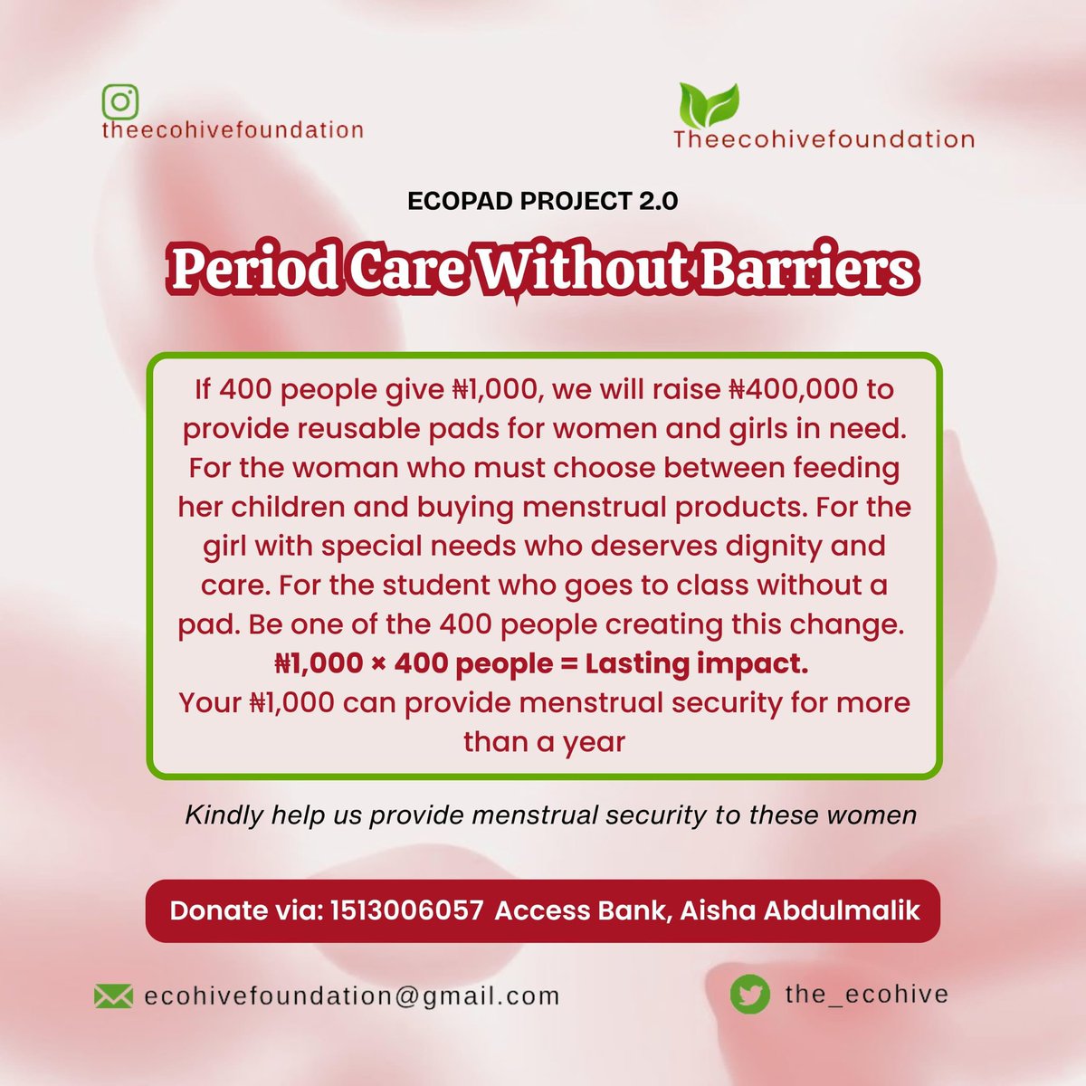 jpwillbegreat's tweet photo. @silverpenydr My friend is working tirelessly @the_ecohive to donate reusable pads for women and girls in need. 
1513006057
Access Bank 
Aisha Abdulmalik
Your donations will go a long way 🙏 https://t.co/pKre1eotMh