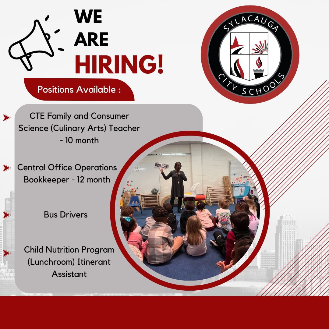 SylCitySchools's tweet photo. We are hiring for the 2026-2027 school year! 

Want to join our family?

Please visit https://t.co/iT4y9vCrzO for more information and opportunities! https://t.co/xDfo83Ib7h