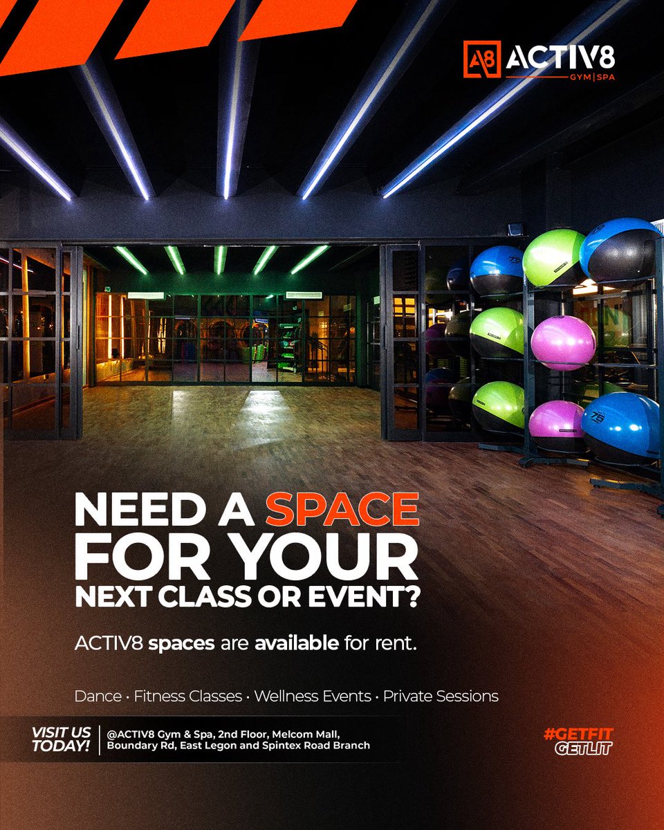 activ8ghana's tweet photo. Looking for a clean, premium space for your next class or wellness event? 💚

 ACTIV8 spaces are available for rentals.
📞 Spintex – 059 395 9944 | East Legon – 053 109 0902

 #GetFitGetLit #ACTIV8Experience #EventSpaceRental #FitnessLifestyle https://t.co/lJT4AK49UR