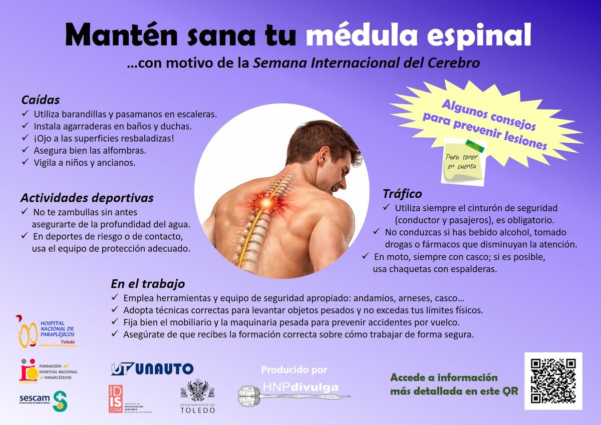 HNParaplejicos's tweet photo. 👍 Durante la #SemanaDelCerebro, la Unidad de Divulgación Científica del #HNParaplejicos nos recuerda cómo mantener sana la médula espinal 👇 https://t.co/uwA5M6DaXp