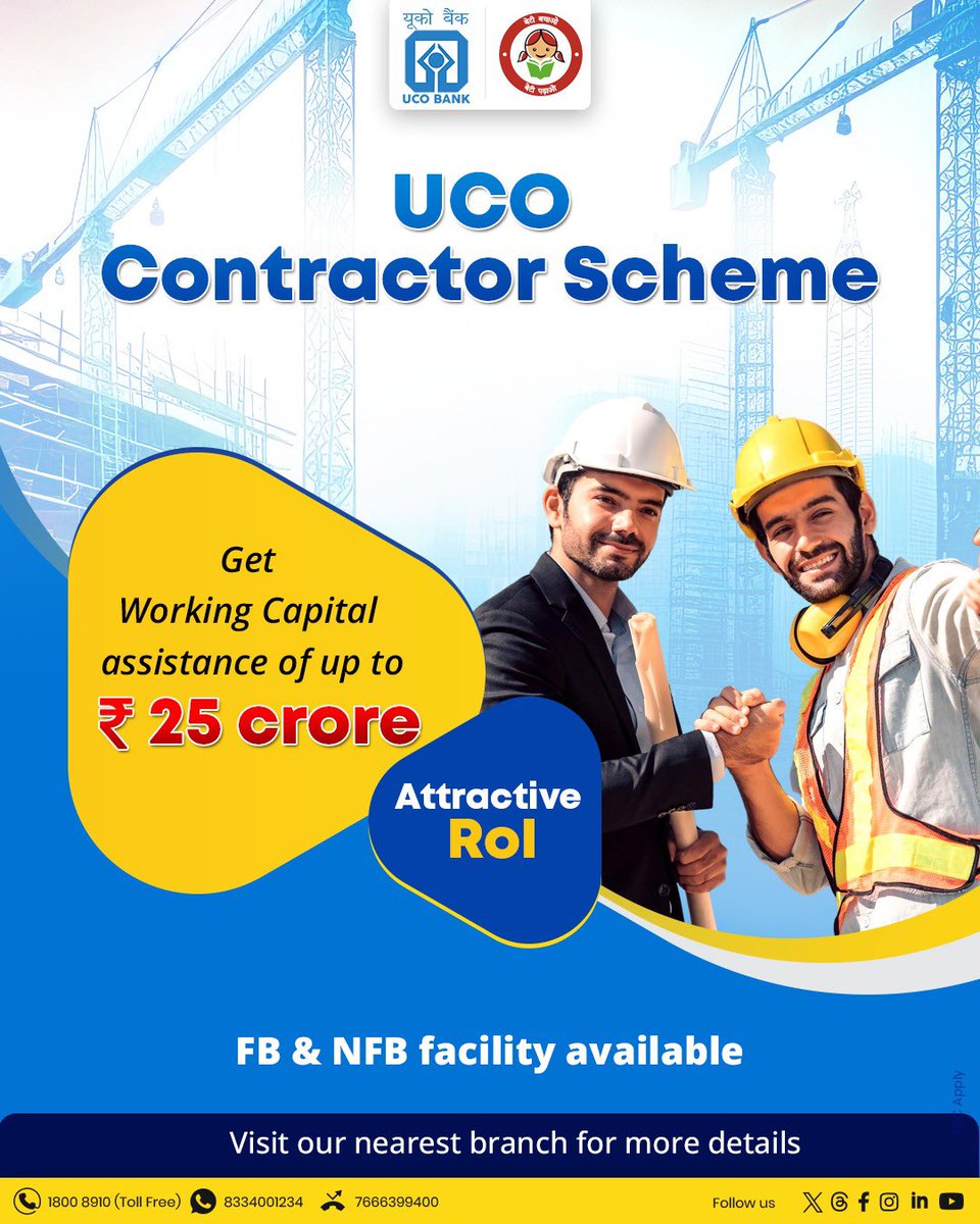 UCOBankOfficial's tweet image. Fuel your construction dreams with the UCO Contractor Scheme.
Get working capital support of up to ₹25 crore with attractive ROI and flexible banking facilities.

#UCOBank #Contractors #InfrastructureGrowth #BusinessFinance #BuildTheFuture
