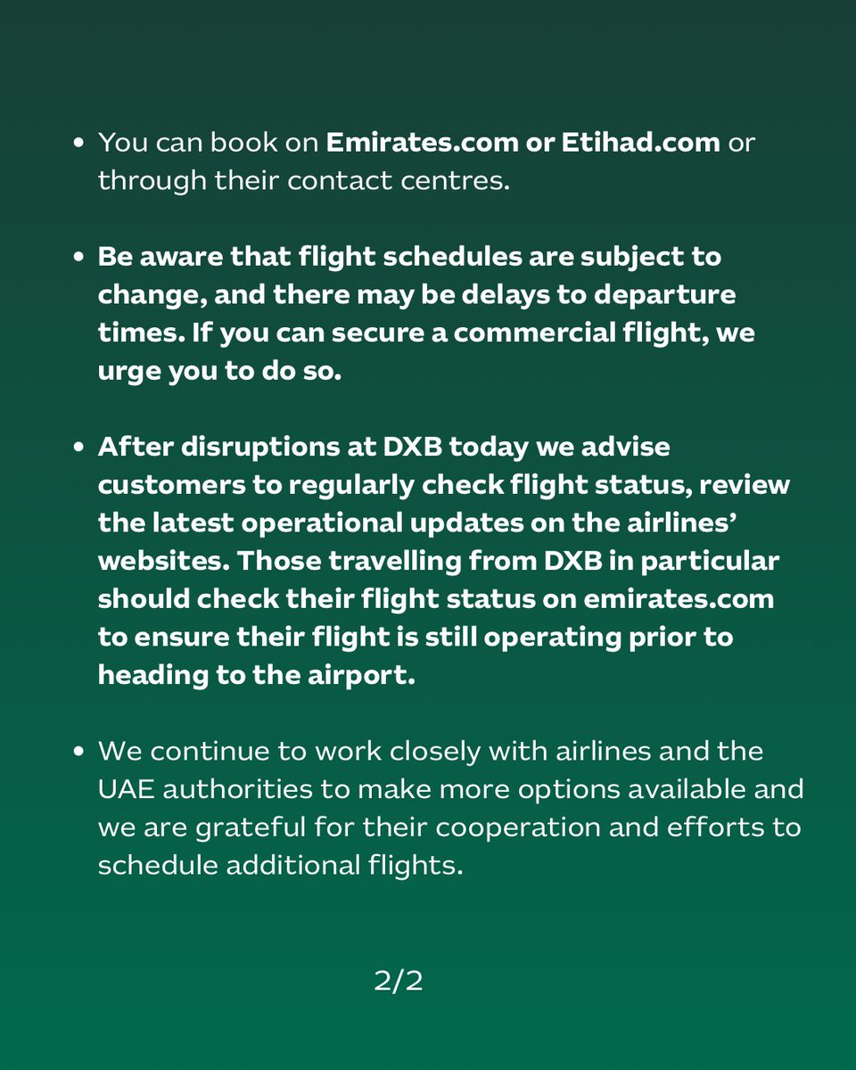 At this challenging time, we remain focused on supporting Australians in need.

We have been advised by Emirates and Etihad Airlines that the following direct flights to Australia are planned for tomorrow TUESDAY 17 March.  

From Dubai (DXB)
•EK420 to Perth dpt 0245
•EK406 to