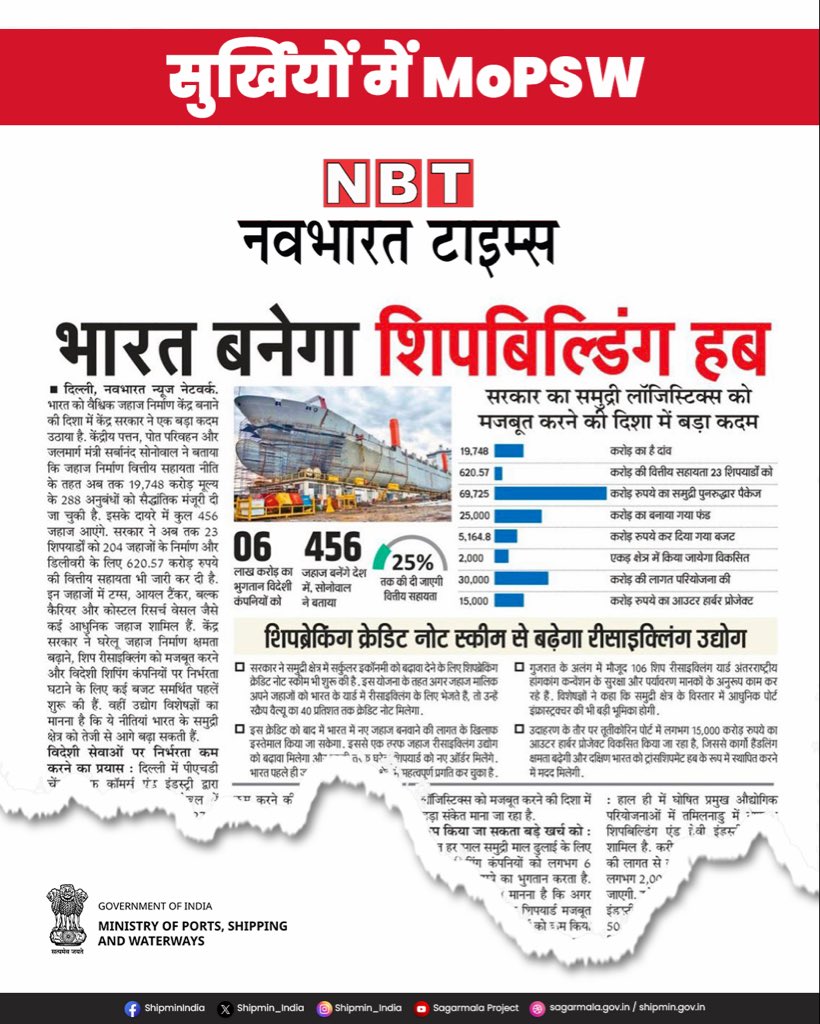 shipmin_india's tweet image. भारत को वैश्विक शिपबिल्डिंग हब बनाने की दिशा में बड़ा कदम।

केंद्र सरकार समुद्री लॉजिस्टिक्स को मजबूत करने और जहाज निर्माण उद्योग को बढ़ावा देने के लिए लगातार प्रयास कर रही है। 

#Shipbuilding #MaritimeIndia #BlueEconomy #India