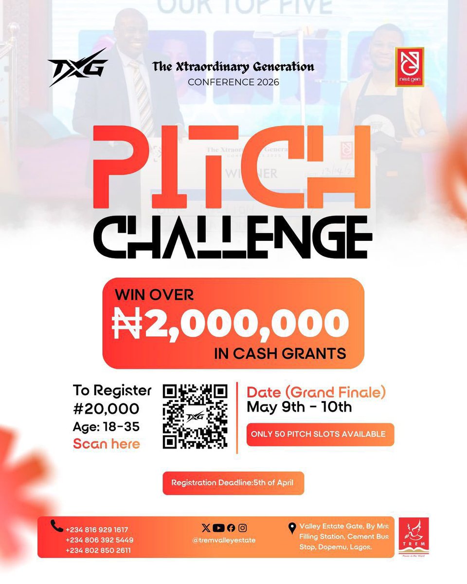 thatswilliams_'s tweet photo. 🚨 TXG Pitch Challenge 2026

Do you have a business and need capital to grow?
Register now to participate in the TXG Pitch Challenge.

Registration Fee: ₦20,000
Register: https://t.co/aUwHdhyG0g

For enquiries or assistance, chat with us on 

WhatsApp:
https://t.co/tfUsUfBEUL https://t.co/oAnCS0dyVl