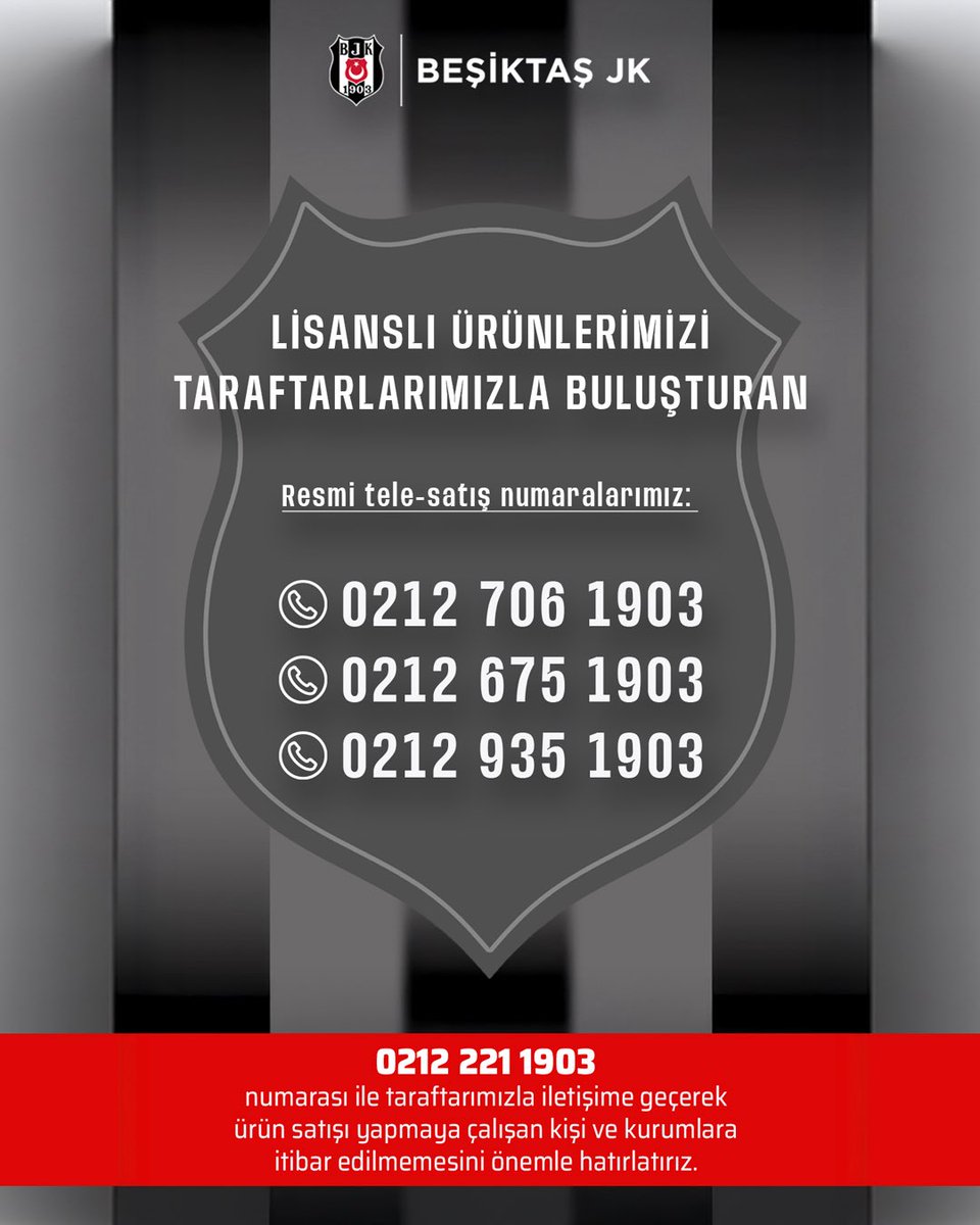 Lisanslı ürünlerimizi taraftarlarımızla buluşturan resmi tele-satış numaralarımız : 
0212 706 1903 
0212 675 1903
0212 935 1903
🦅🦅🦅