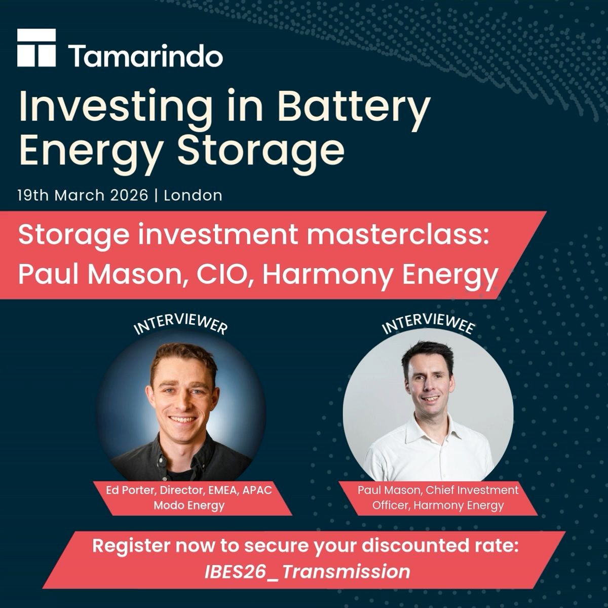Harmony_Energy_'s tweet image. On Thursday, our CIO will be speaking at @TamarindoGlobal's Investing in BESS conference.

Hosted by @ModoEnergy, Paul will share insights on the evolving BESS market and more.

Sign up here ⤵️

tickettailor.com/events/tamarin…

#IBES26 #BatteryTechnology #CleanEnergyInvesting