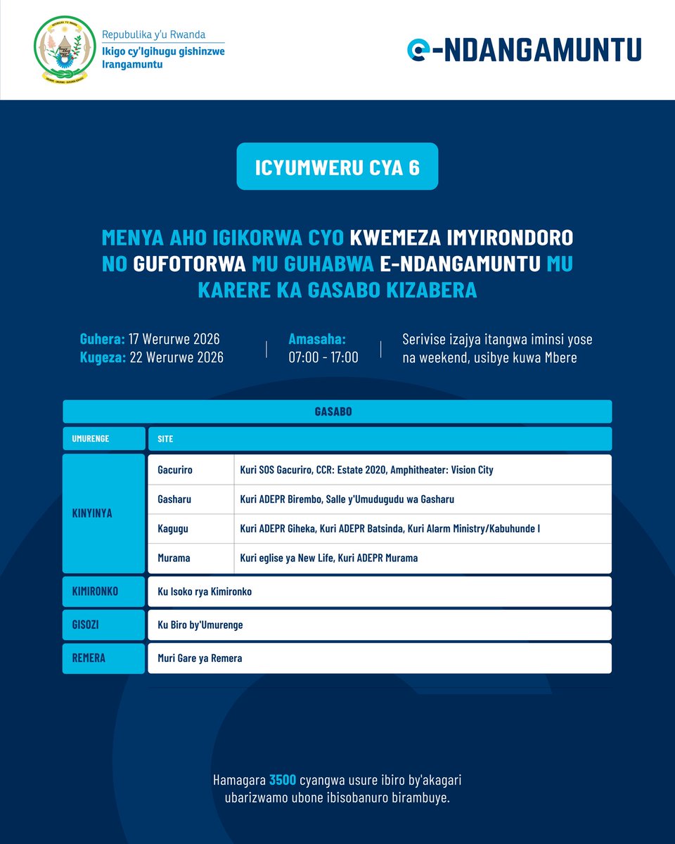 NidaRwanda's tweet photo. Dukomereje mu cyumweru cya 6 cy’ibikorwa byo kwiyandikisha no gufotora abaturage ngo bahabwe Indangamuntu Koranabuhanga.

Menya Imirenge turimo guhera ejo 17/03/2026 kugeza 22/03/2026 witegure!

#DigitaleNtigusige https://t.co/pm8fqR3YR7