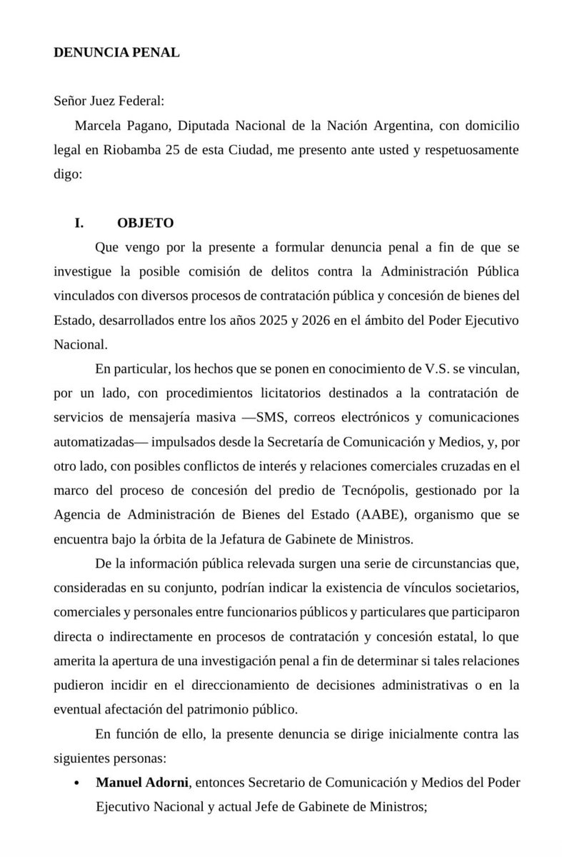 Presenté una ampliación de la denuncia penal por enriquecimiento ilícito a la esposa de <a href="/madorni/">Manuel Adorni</a> para que explique sus gastos mensuales y a su vez que dé detalles de la operatoria comercial de su consultora “Más Be”. Tiene solo 3 clientes y son contratistas del Estado. Este