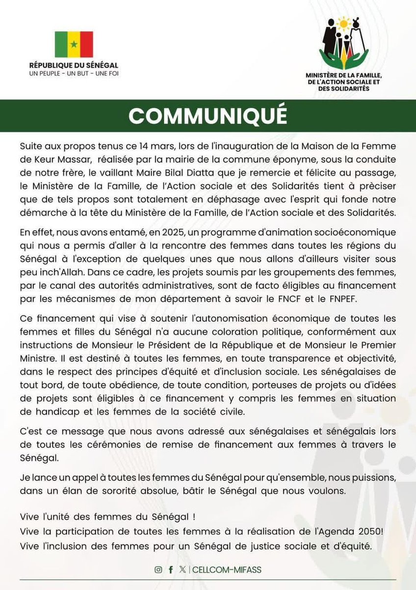 Pressafrik's tweet photo. Communiqué :
Le ministère dirigé par Maïmouna Dièye affirme que les financements destinés aux femmes au Sénégal n’ont aucune coloration politique.
Les programmes d’appui, via le FNCF et le FNPEF, sont ouverts à toutes les femmes, partout au Sénégal.
#14Mar #CasoLibra #pageeh https://t.co/IrmsQEnvZE