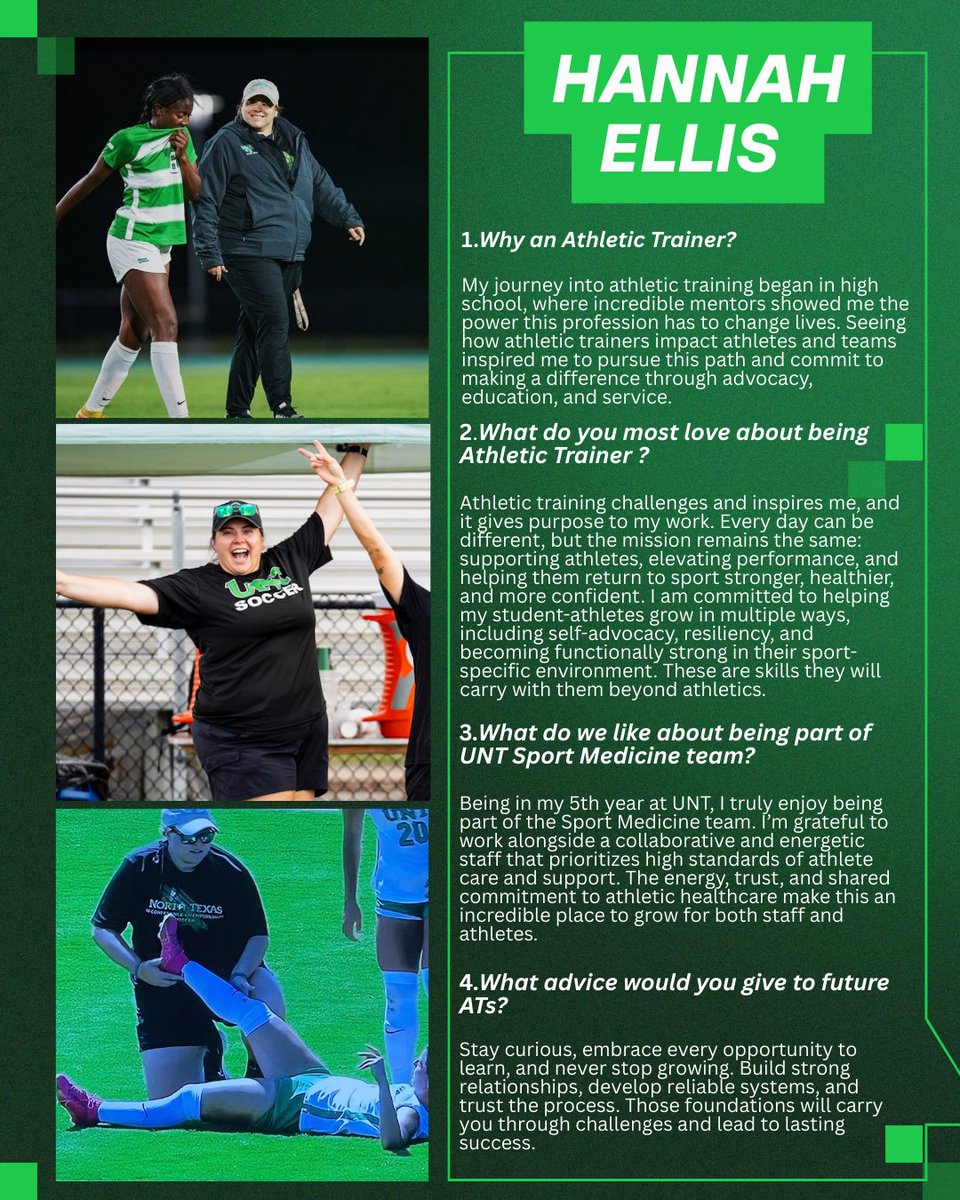 untsportsmed's tweet photo. Staff Spotlight🚨| Hannah Ellis, MS, LAT, ATC, CES 🦅💚⚽️

Hannah plays a key role in supporting UNT Women’s Soccer as their Athletic Trainer.

Thank you for your passion for athlete care and for the leadership and energy you bring to our Sport Medicine team.
#CareYouCanCountOn https://t.co/sOSo1WegWx