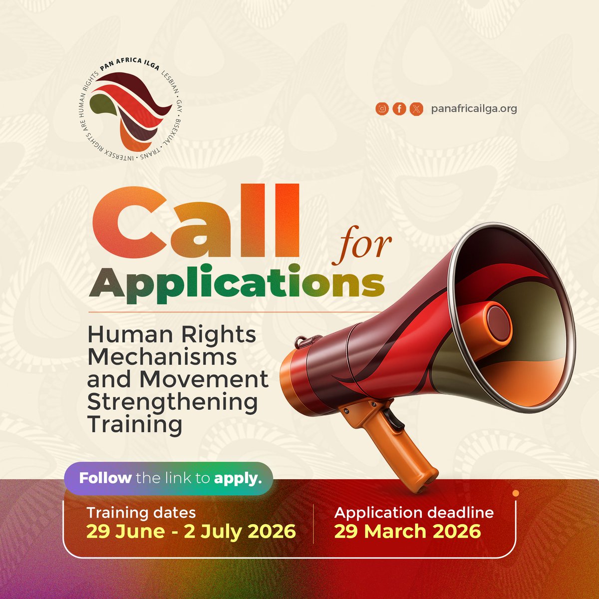 PanAfricaILGA's tweet photo. 📣 Applications are now open for our Human Rights Mechanisms and Movement Strengthening Training.

This training is for activists and organisations working on LGBTIQ+ rights across Africa who want to strengthen their advocacy, sharpen their organising, and make better use of regional and international human rights mechanisms — important spaces for pushing for accountability, influencing policy, and advancing change.

The training will be from 29 June - 2 July 2026.

🗓 Deadline: 29 March 2026
🔗 Apply via the link: https://t.co/XkFLyEzvJy

🏳️‍⚧️

📣 Les candidatures sont désormais ouvertes pour notre formation sur les mécanismes des droits humains et le renforcement des mouvements.

Cette formation s'adresse aux militant·e·s et aux organisations œuvrant pour les droits LGBTIQ+ à travers l'Afrique qui souhaitent renforcer leur action de plaidoyer, améliorer leurs capacités d'organisation et mieux tirer parti des mécanismes régionaux et internationaux des droits humains — des espaces essentiels pour exiger la responsabilité, influencer les politiques et faire avancer le changement.

La formation se déroulera du 29 juin au 2 juillet 2026.

🗓 Date limite : 29 mars 2026
🔗 Postulez via le lien : https://t.co/RzORGELHNI

🏳️‍🌈

📣 Estão abertas as inscrições para a nossa Formação sobre Mecanismos de Direitos Humanos e Fortalecimento do Movimento.

Esta formação destina-se a ativistas e organizações que trabalham na defesa dos direitos LGBTIQ+ em toda a África e que pretendem reforçar o seu trabalho de defesa de direitos, aperfeiçoar as suas capacidades de organização e tirar melhor partido dos mecanismos regionais e internacionais de direitos humanos — espaços importantes para exigir responsabilização, influenciar políticas e promover a mudança.

A formação decorrerá de 29 de junho a 2 de julho de 2026.

🗓 Prazo: 29 de março de 2026
🔗 Inscreva-se através do link: https://t.co/pAoD2aGMAj