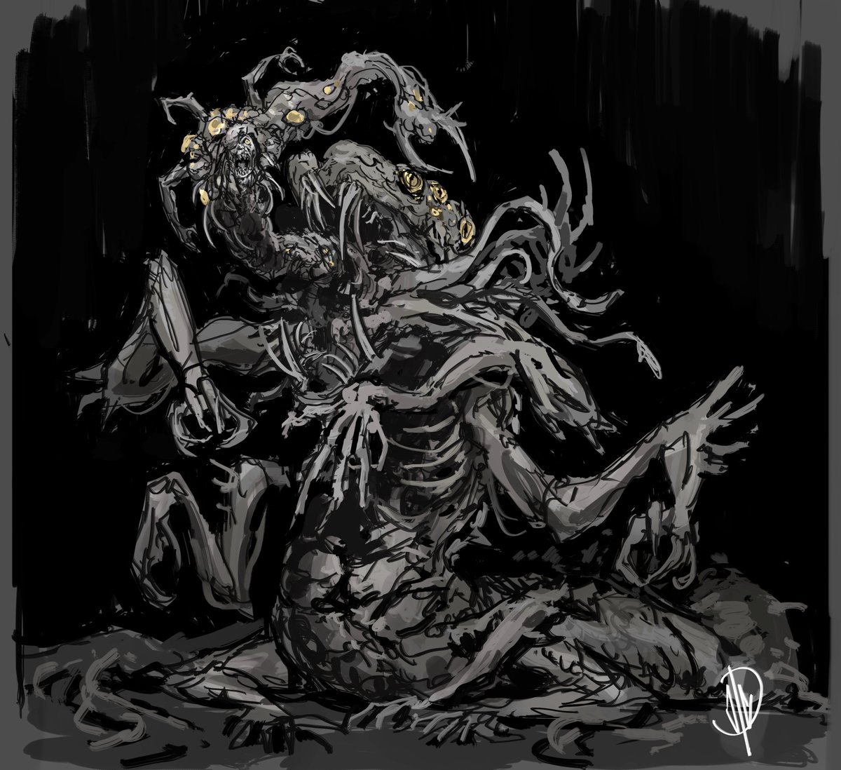 jaeon009's tweet photo. Just a quick sketch idea of my version of Gideon's final form. I want to incorporate the snake motif in his design. He could've been a combination of Yawn and Nemesis lol https://t.co/YNhXjwA8oX