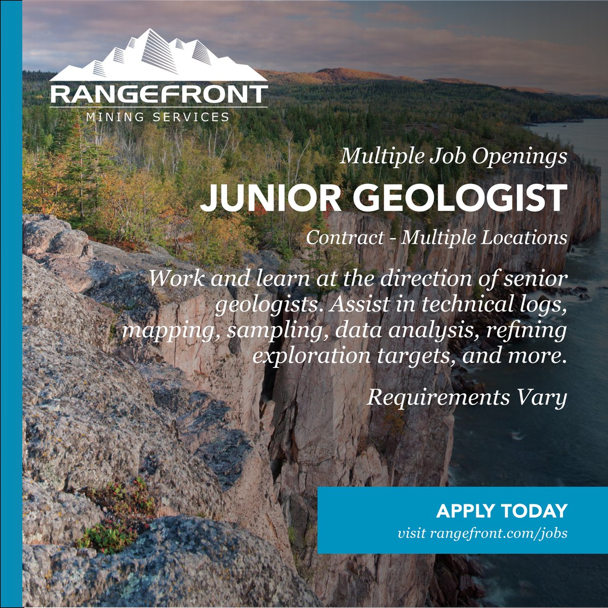 Rangefront is seeking Junior Geologists for positions in multiple locations.

If you have a B.S. in Geology or a similar field and experience in the mining industry, we would love to hear from you!

Learn more or apply today at na2.hubs.ly/H04fTx80

#nowhiring #jobopenings