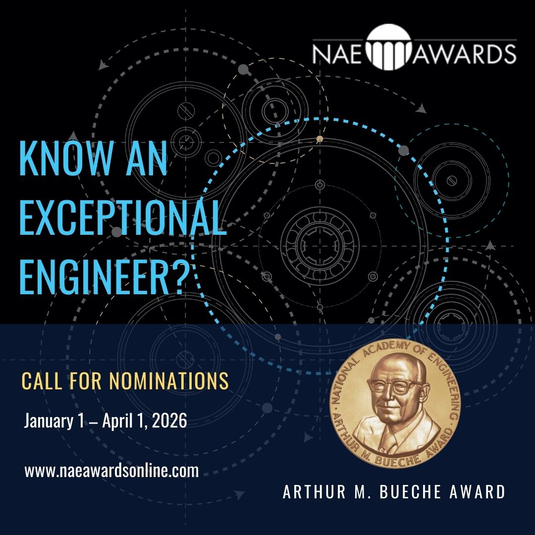 NAE_Awards's tweet photo. The Arthur M. Bueche Award celebrates advancing engineering policy for societal impact. Know someone bridging innovation &amp; policy? Nominate today: https://t.co/1CCzmUvCYI

#NAEAwards #TechnologyPolicy #Innovation https://t.co/JneJlQUbeo