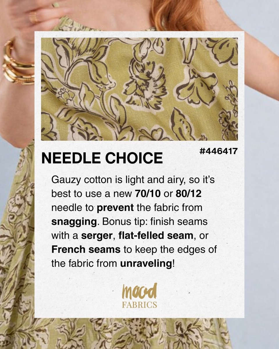 Mood_Fabrics's tweet image. Sewing with gauzy cotton? These tips cover prewashing, cutting, needle choice, and pattern recommendations for lightweight cotton fabrics. #MoodFabrics #MadeWithMood #SewingTips