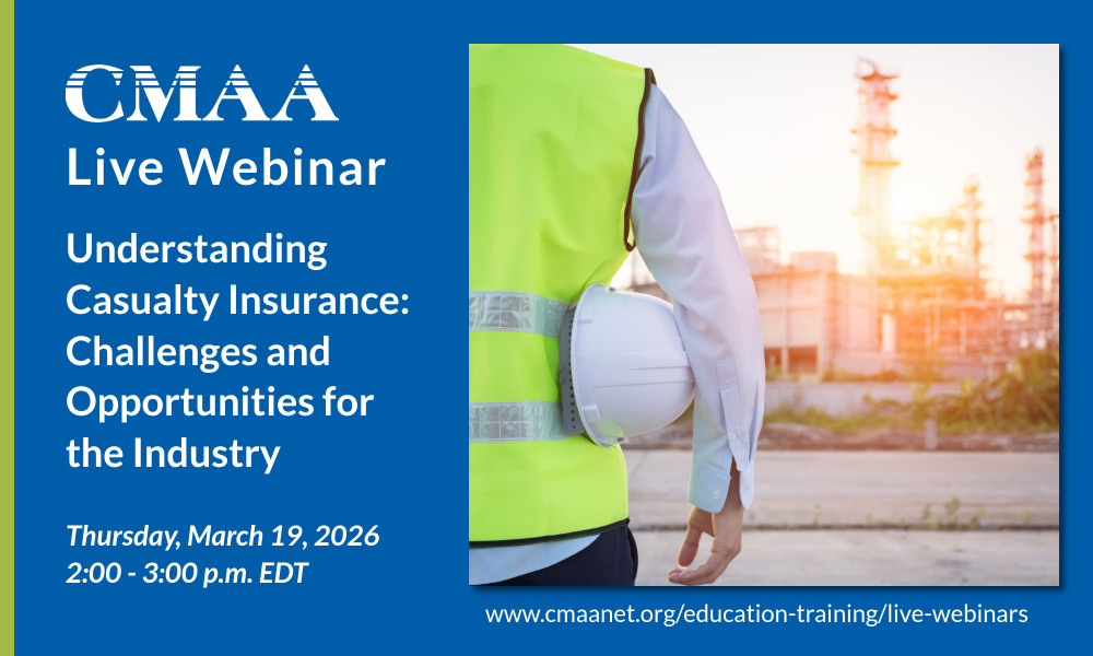 CMAA_HQ's tweet image. Casualty insurance presents growing challenges for the #construction industry. Join us on March 19 for a #CMAA Live Webinar to learn what coverage and endorsements matter most and why verifying #contractor insurance is critical for protecting projects. ow.ly/e1pX50YpKuc
