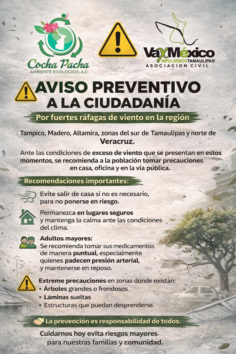 CochaPachaTam's tweet photo. Atento Aviso: 
Seamos consientes y evitemos andar en la calle es riesgoso. 
Cuídate de estos cambios climáticos. Debemos evitar accidentes entre seres humanos y cuiden de sus mascotas. #Tampico #CdMadero #Madero #Altamira zona sur de #Tamaulipas y zona norte de #Veracruz https://t.co/ThT7GrW2Ol