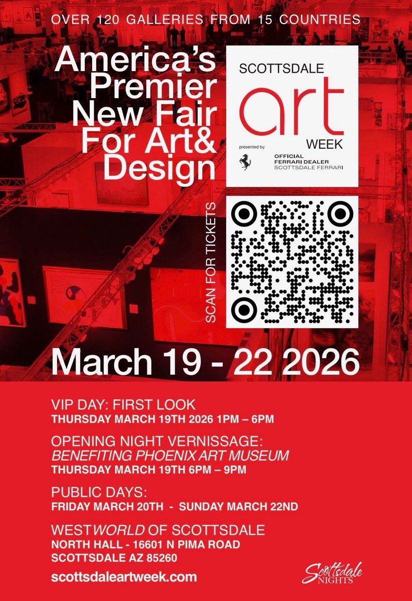 jasonrosepr's tweet photo. BEST WAY TO BEAT RECORD #ARIZONA HEAT THIS WEEK:  With an unprecedented number of global galleries descending on the Valley.  Soonsored by Scottsdale Ferrari. Indoors.  Air conditioned.  In the North Hall at WestWorld @Barrett_Jackson has made famous.  An Art Basel for Arizona. https://t.co/Yfu0r9Sf3i