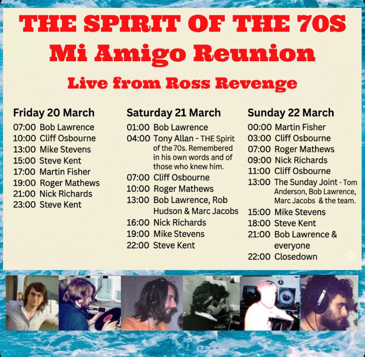 TheRadCaroline's tweet photo. Here’s the schedule for this weekend’s Spirit of the 70s three-day live broadcast from Ross Revenge. Music and memories from DJs who were on the Mi Amigo during that era. Listening options at https://t.co/uOV6jEM0uI https://t.co/QYTlM2Cogs