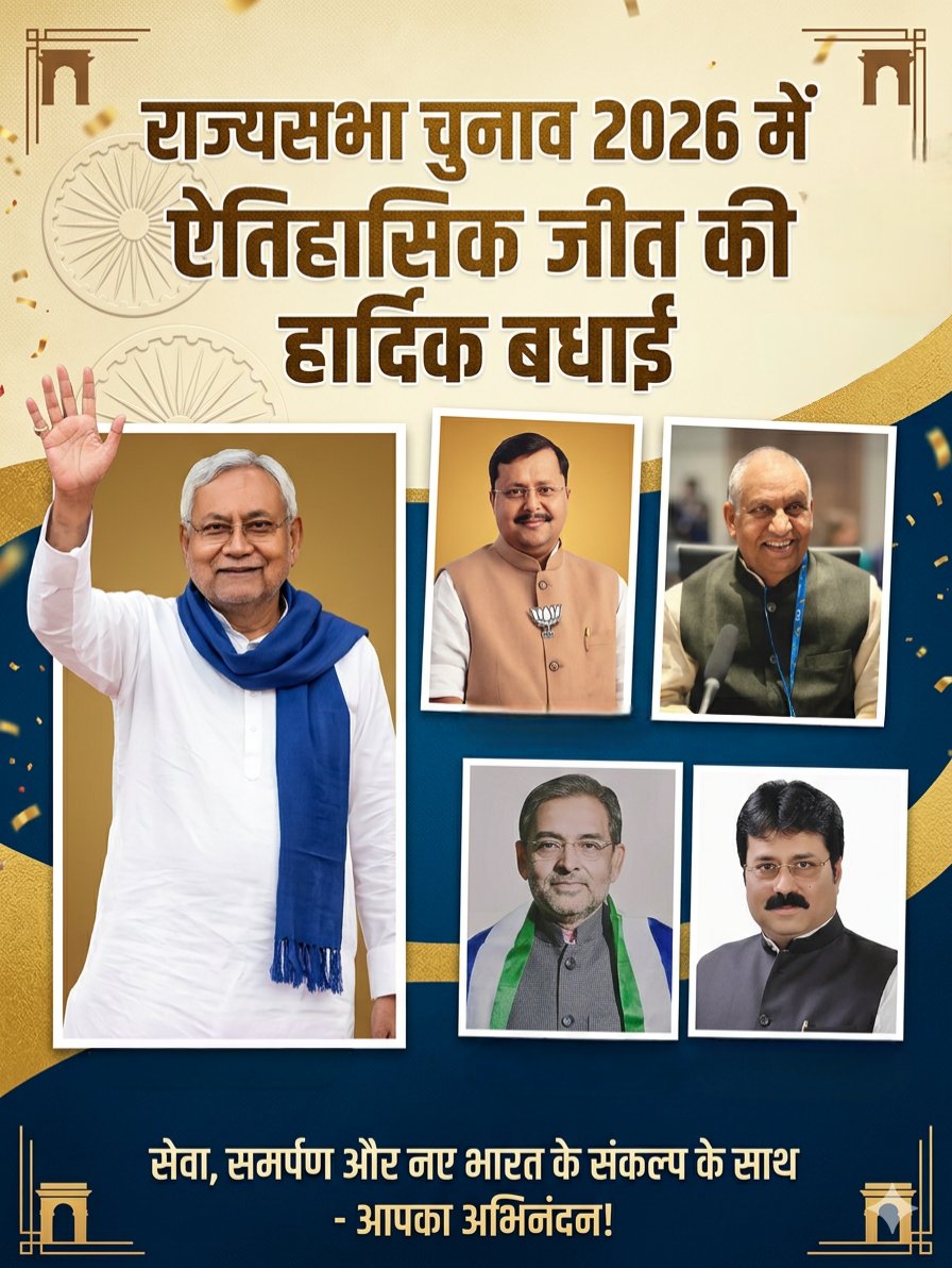 "सेवा और समर्पण की नई जिम्मेदारी! राज्यसभा चुनाव में विजयी होने पर एनडीए गठबंधन के सभी उम्मीदवारों को हार्दिक शुभकामनाएँ।"
<a href="/iChiragPaswan/">युवा बिहारी चिराग पासवान</a> <a href="/LJP4India/">Lok Janshakti Party (Ramvilas)</a> <a href="/NitinNabin/">Nitin Nabin</a> <a href="/NitishKumar/">Nitish Kumar</a> <a href="/UpendraKushRLM/">Upendra Kushwaha</a> <a href="/BJP4India/">BJP</a>