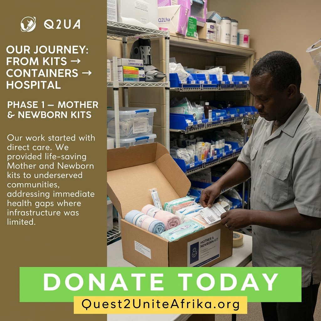 q2ua400's tweet image. Our journey began with Mother &amp;amp; Newborn Kits, providing critical care to underserved communities.

Next step: building a hospital that will serve generations.

Support the mission—donate today at Quest2UniteAfrika.org.

#HospitalProject #GlobalHealth #Donate