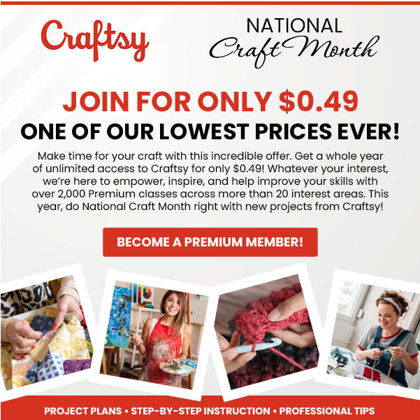 LordOfDiscounts's tweet photo. 🧶Celebrate National Craft Month with a Craftsy Premium Membership! Now $0.25 via Craftsy

✍️ Hang Out on Site for the Before You Go Offer!

🔗 - https://t.co/f8UhL5aCSW

#LRDeal | #AD https://t.co/n86wp19lXp