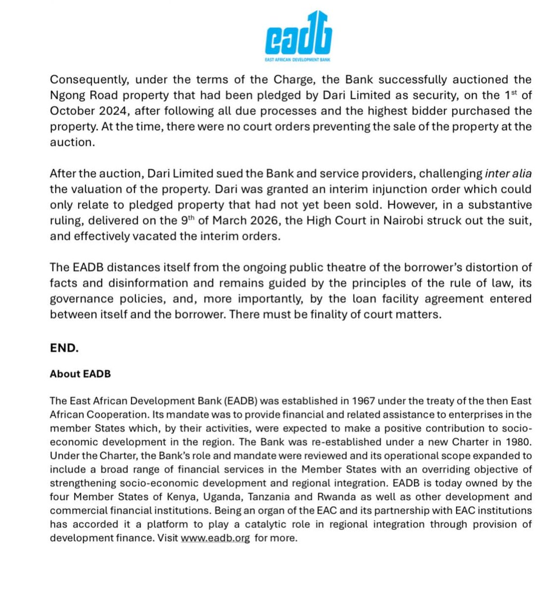 The East African Development Bank - EADB side of story on the Dari Limited Raphael Tuju sad property ordeal.