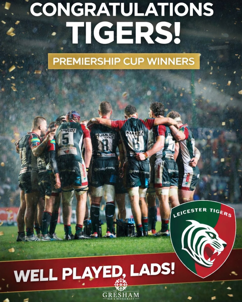 🏆 - Congratulations to the mighty Tigers - Premiership Rugby Cup champions! 🐯🏉

A brilliant achievement for the club and Leicester 🎉

From all of us at The Gresham Aparthotel, well done, lads! 👏

#Leicester #LeicesterTigers #PremiershipRugbyCup #LoveLeicester