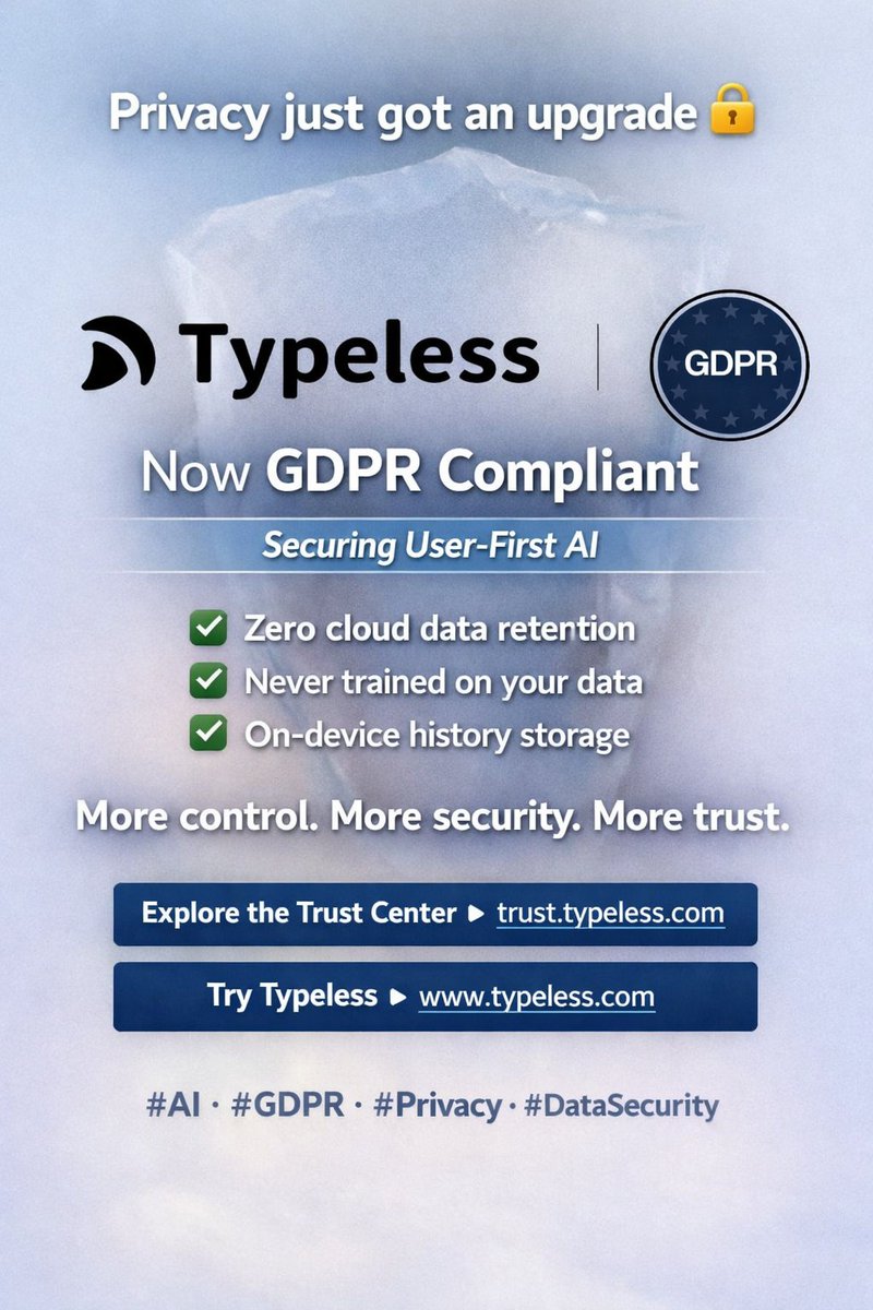 SimslearnAi's tweet image. Typeless is now officially HIPAA compliant (US) and GDPR compliant (EU) — meeting some of the world’s strictest data protection standard

✅ Zero cloud data retention
✅ Never trained on your data
✅ On-device history storage

This means stronger security and full control over