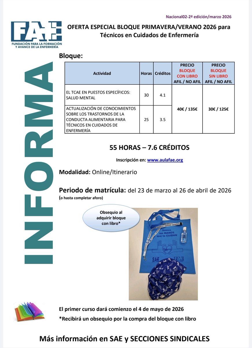 📚 ¡TCAE: Formación FAE 2026! 🏥
​✅ 55h / 7.6 Créditos (Salud Mental y TCA)
🗓 Matrícula: Hasta el 26 de abril.
💰 Afiliados: ¡Solo 30€!
💻 Online – Empieza el 4 de mayo.
​👉 Apúntate ya: aulafae.org